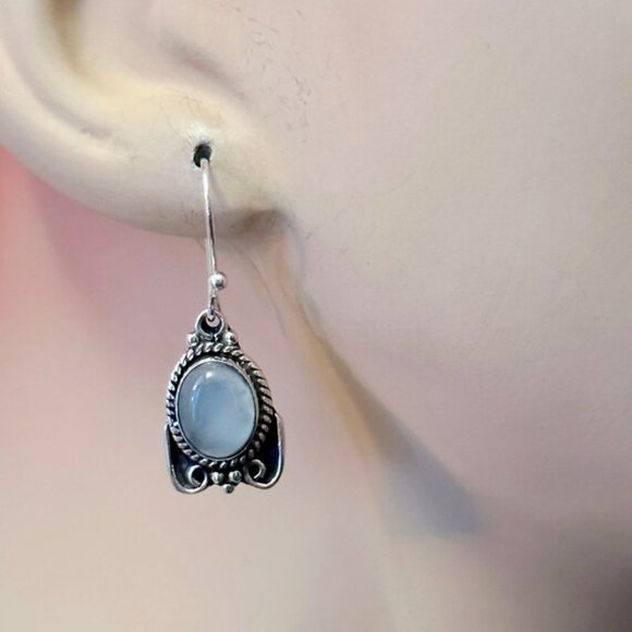 Chalcedony Earrings, Sterling Silver, Pierced, Blue Stone, Dangle Earrings - Picture 2 of 4